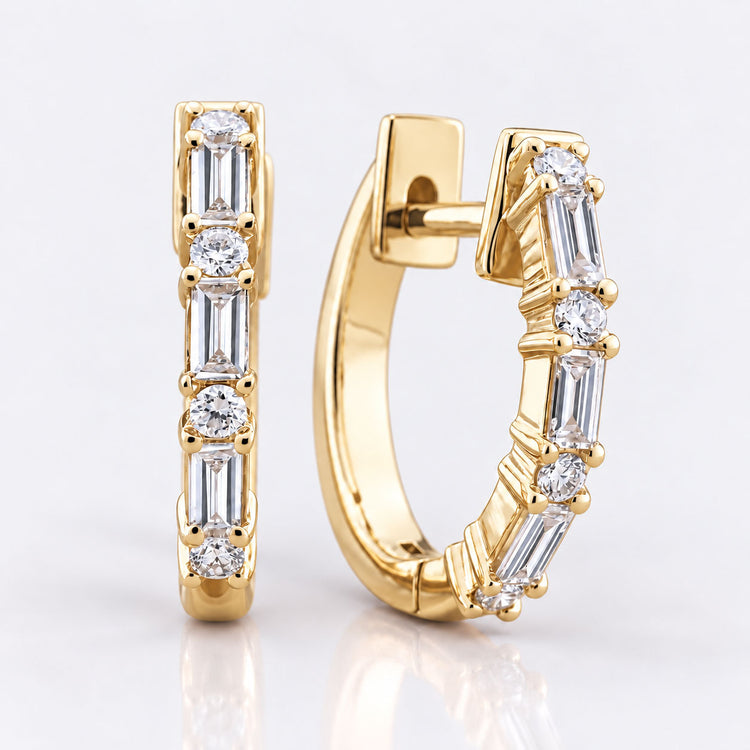 Baguette and Round Cut Lab-Grown Diamond Hoop Earrings - 18K Yellow Gold