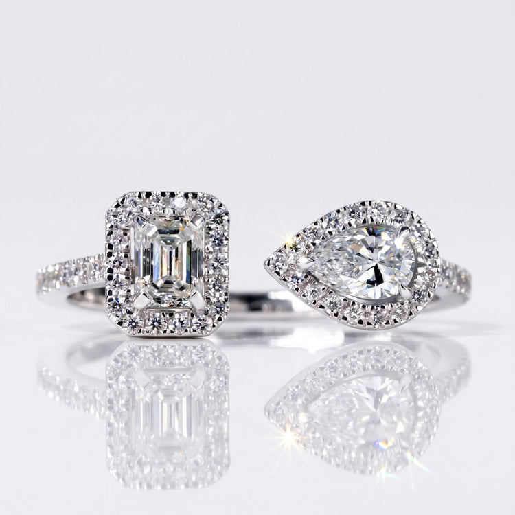 Emerald and Pear Cut Lab Grown Diamond Open Gap Ring - 10k White Gold - Size O.5