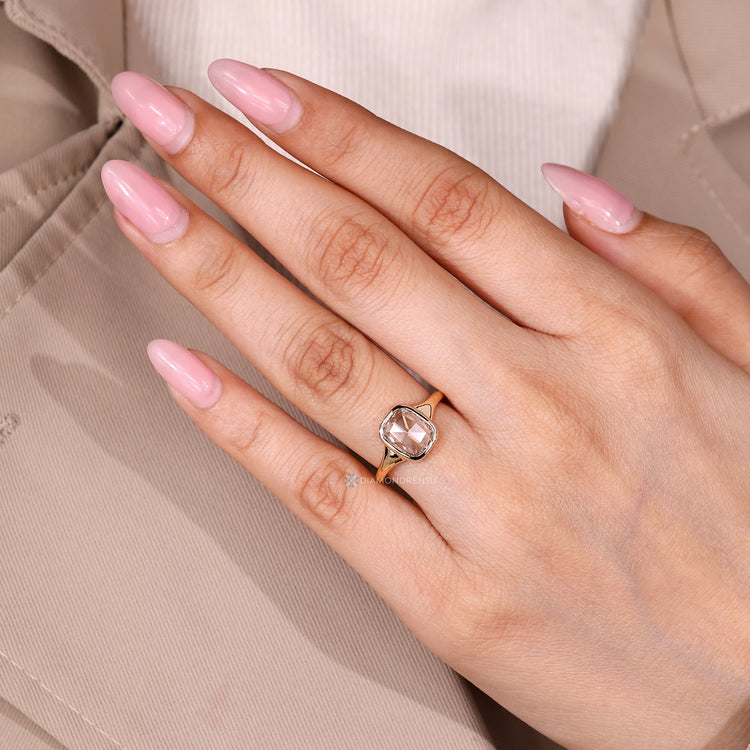 Cushion rose cut diamond ring tapered shank set.