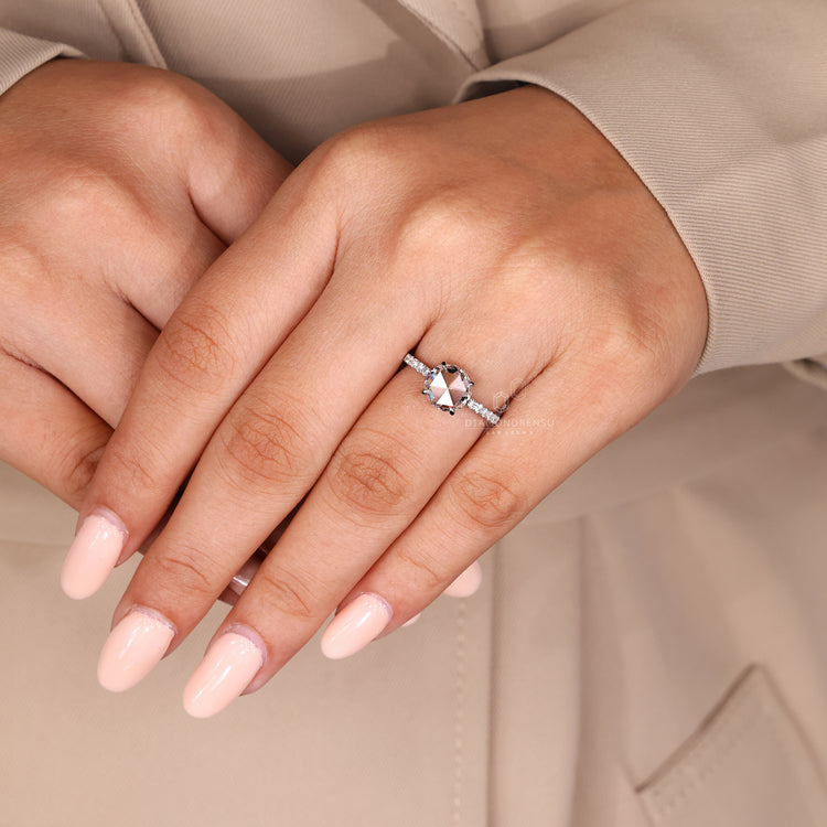Lab grown diamond round rose cut ring with pave detail.