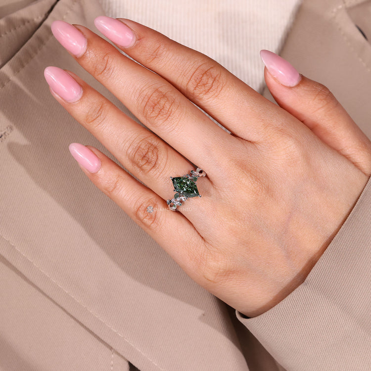 Lab grown diamond ring with moss agate side accents.