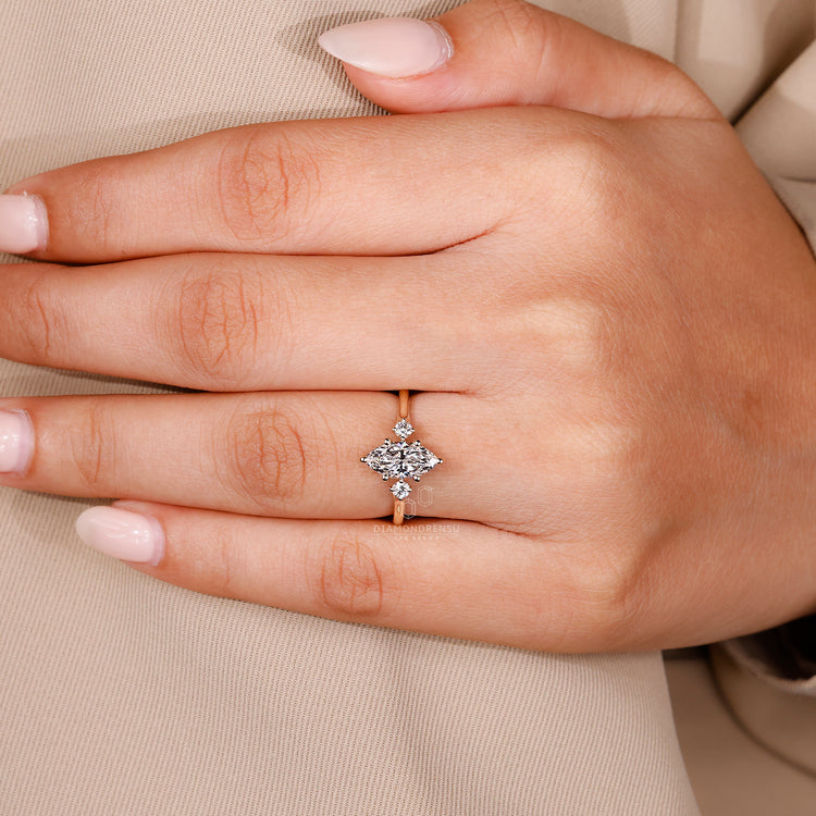 Hidden halo engagement ring with shared prong ring.