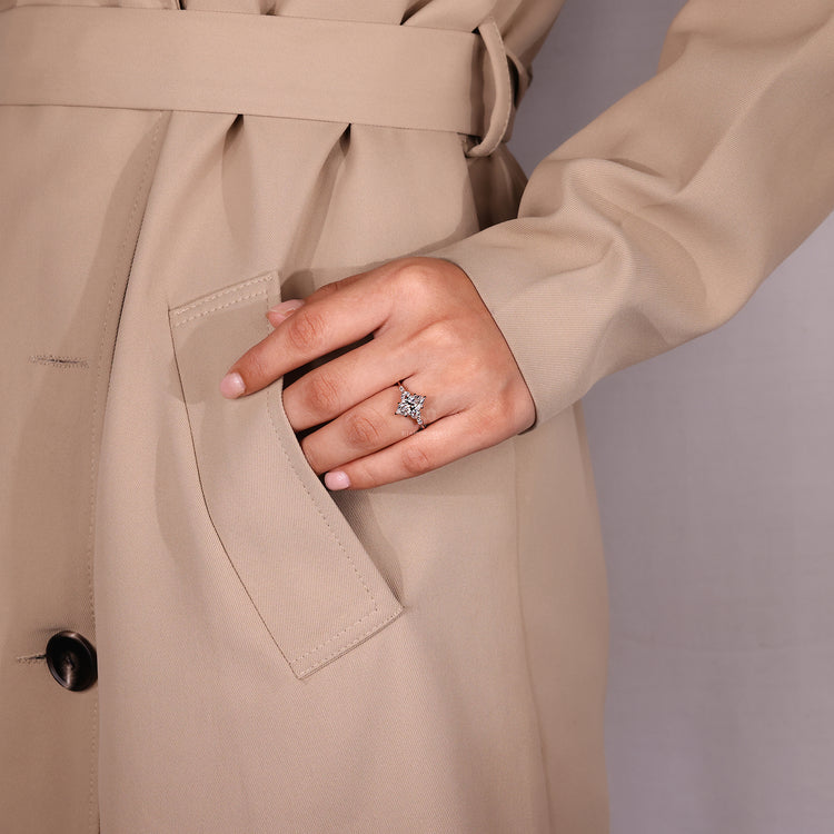 Marquise cut diamond ring six claw prong setting.