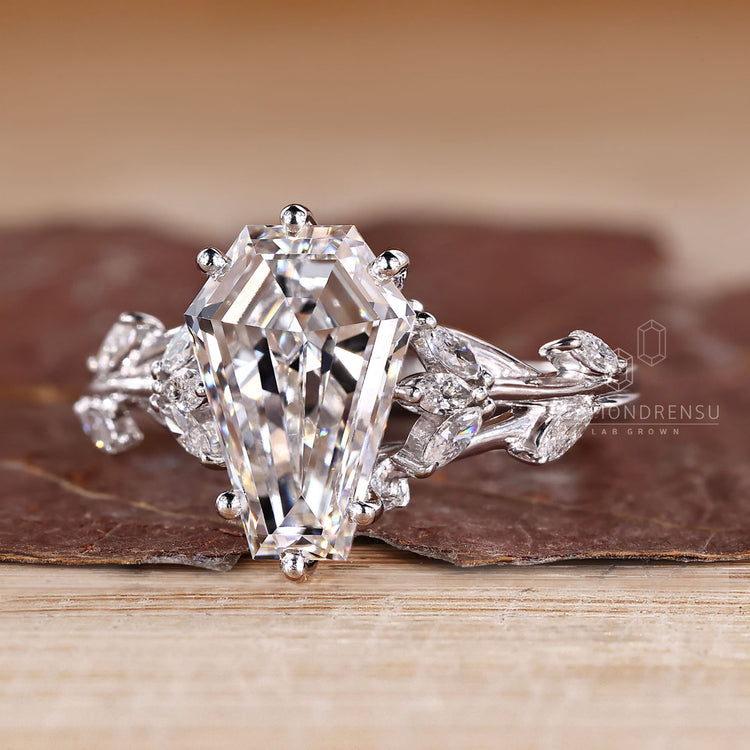Lab grown coffin diamond ring nature style.