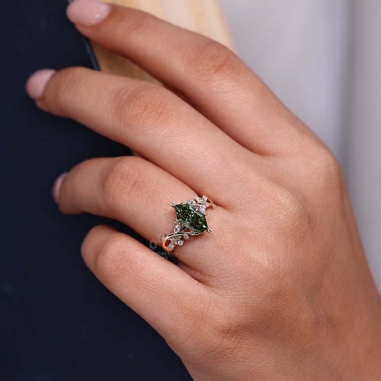Dutch marquise ring green diamond nature cluster style.