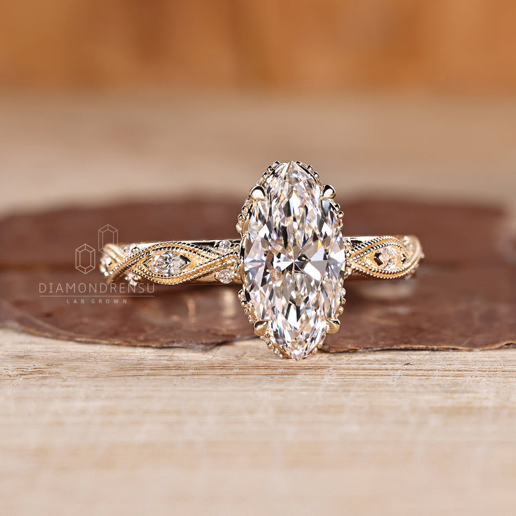 Lab grown marquise diamond ring vintage art deco.