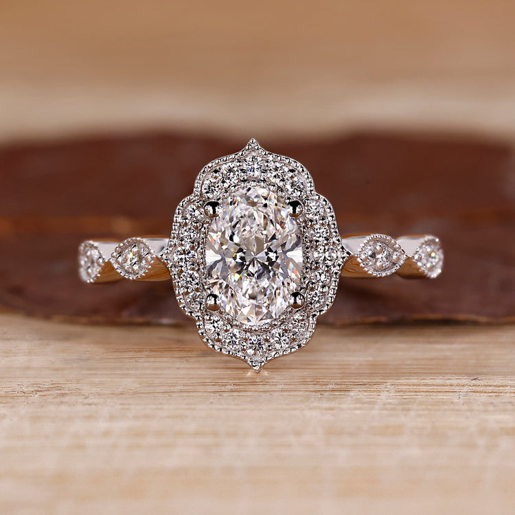 Halo Engagement Ring with oval shaped lab grown diamond.