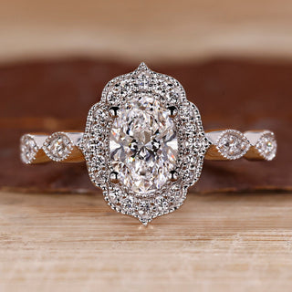 Halo Engagement Ring with oval shaped lab grown diamond.