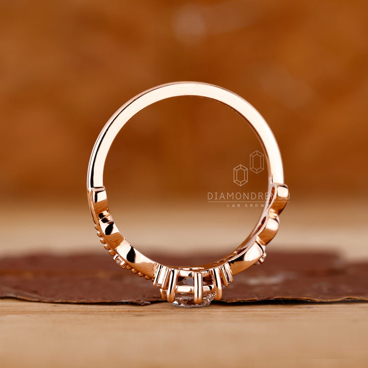 6 Prong Ring in rose gold with milgrain edge detailing.