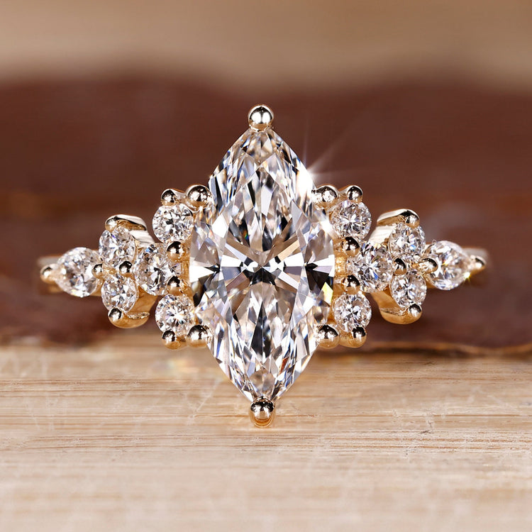 Nature Inspired Engagement Ring with marquise cut lab grown diamond.