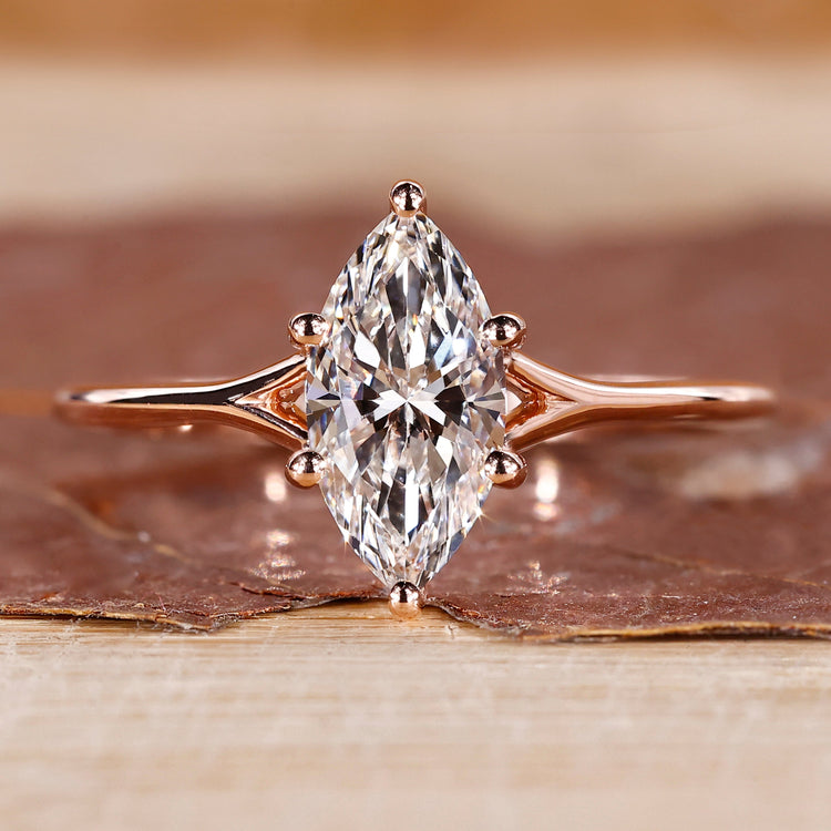 Rose gold engagement ring with marquise cut ring.