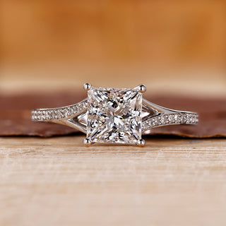 Princess cut diamond ring pave split shank cathedral.