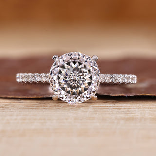 Portuguese cut diamond ring pave round cathedral set.