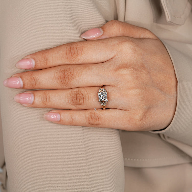 Handmade princess cut diamond ring with tulip basket.
