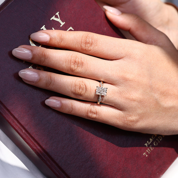 Lab grown radiant cut diamond ring in classic style.