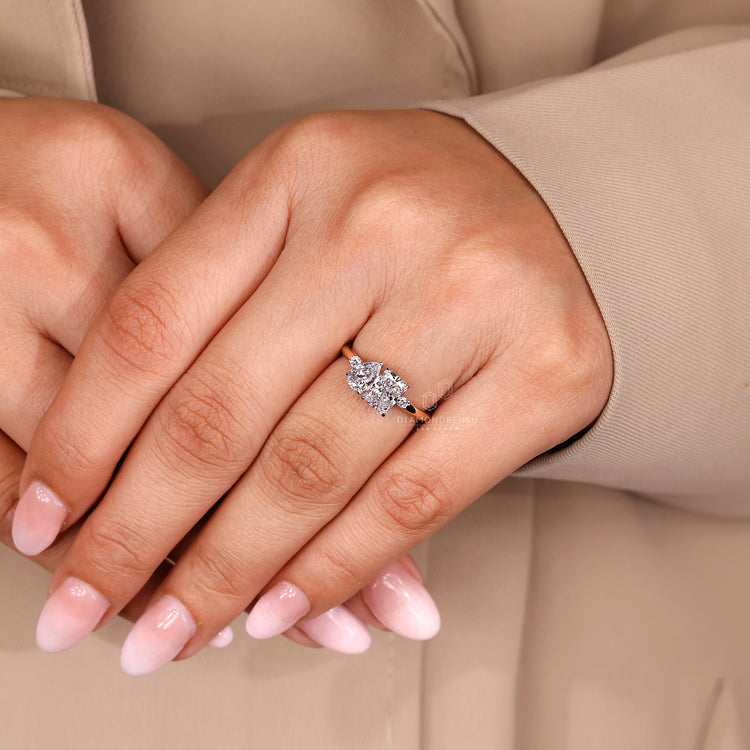 Pear radiant ring split shank claw prong setting.