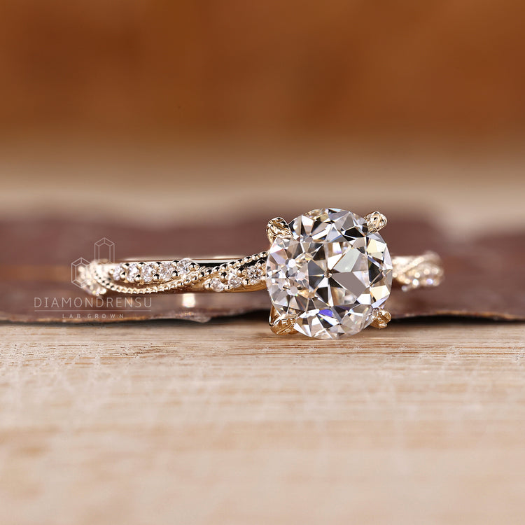 Handmade Round Old European Cut Ring milgrain design.