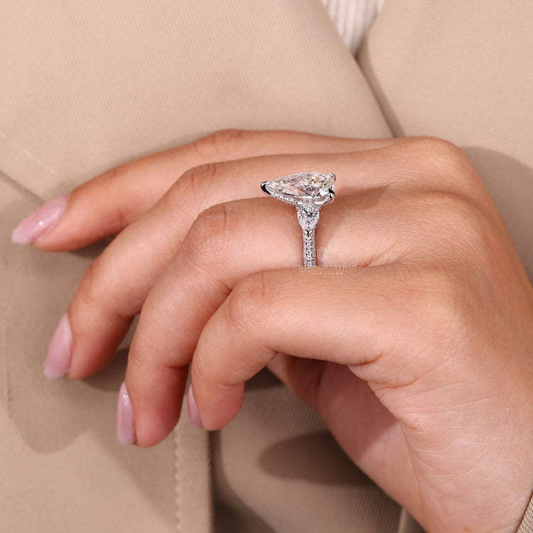 Elegant cathedral diamond ring with pave detail.