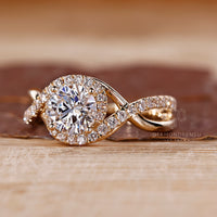 Lab grown round diamond ring halo twisted shank.