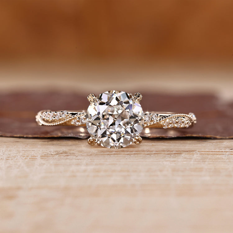 Round Old European Cut Ring vintage milgrain style.