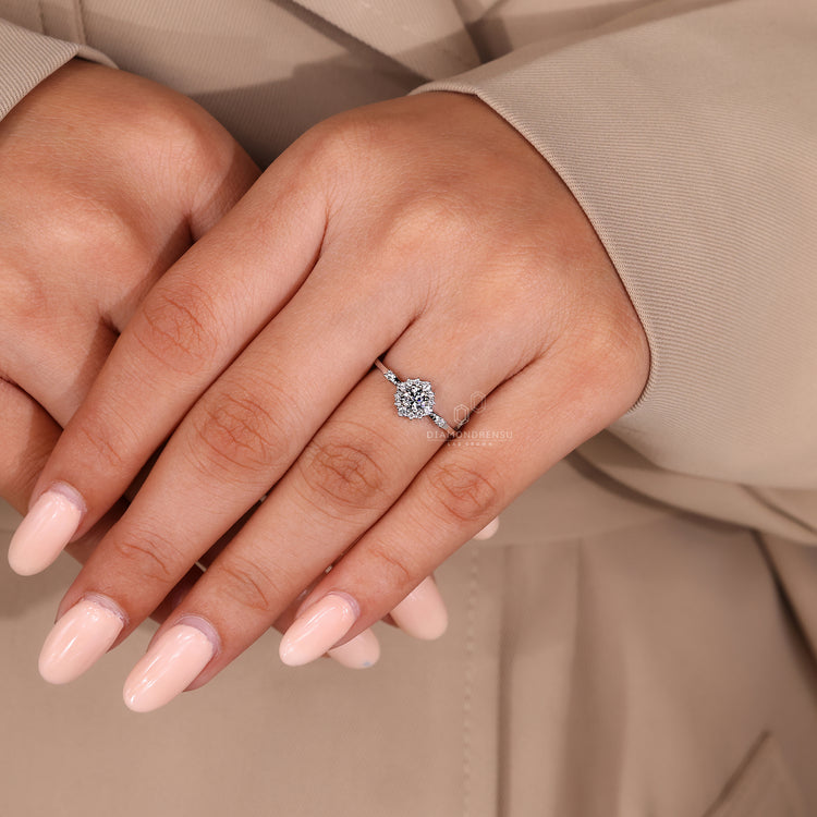 Handmade round cut diamond ring halo cluster style.