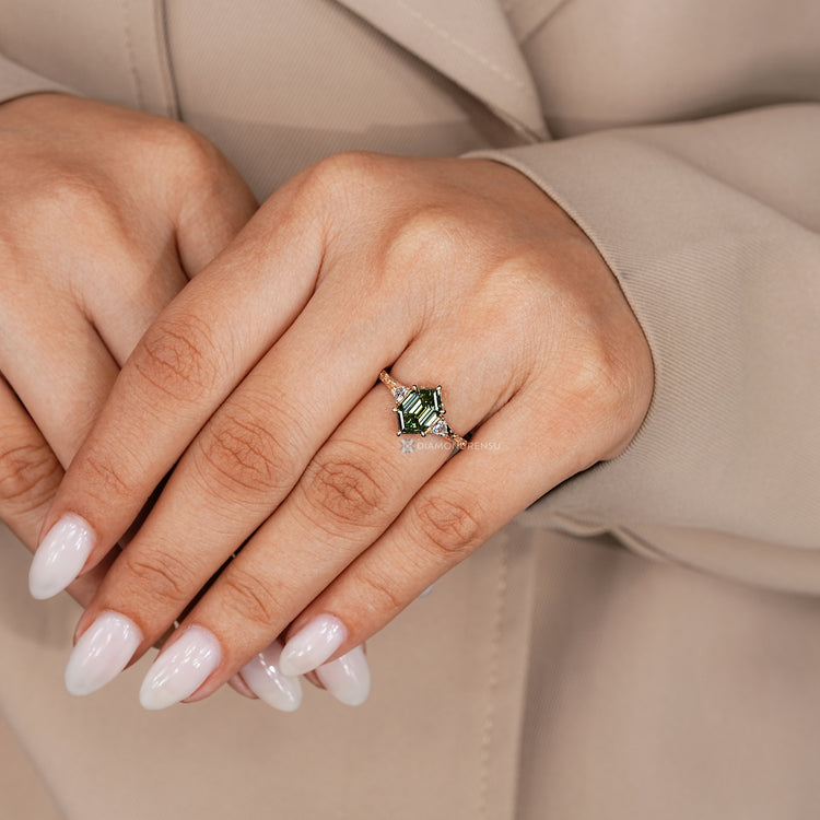 Handmade hexagon diamond ring with trillion side stones.