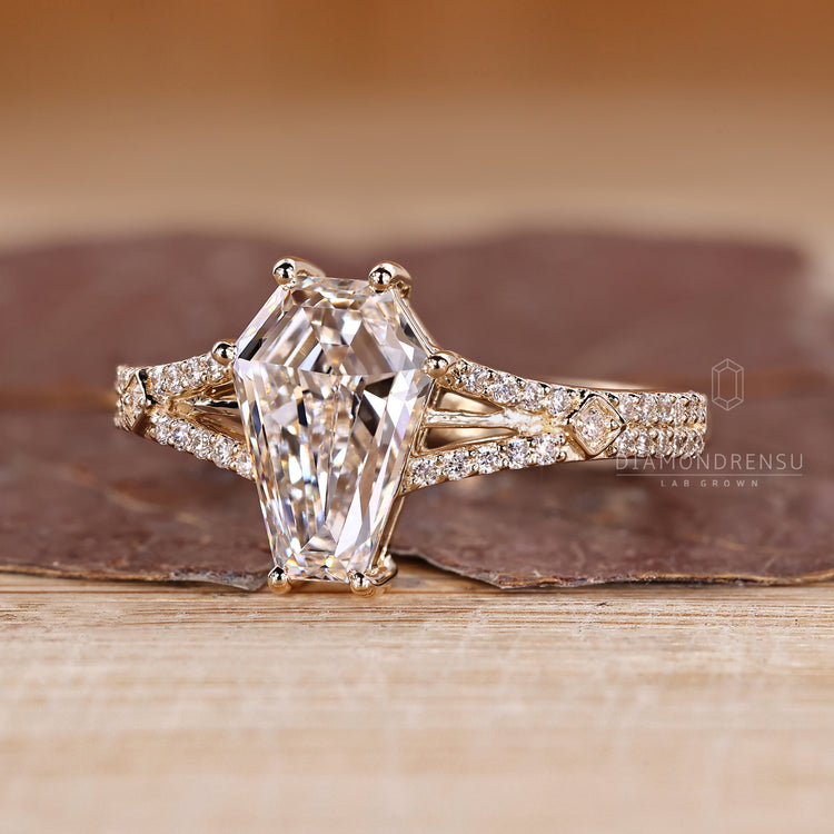 Lab grown coffin diamond ring vintage style.