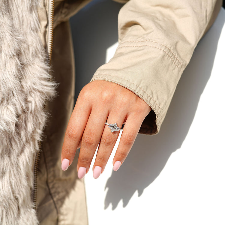 Handmade ring with hexagon diamond and pave side stones