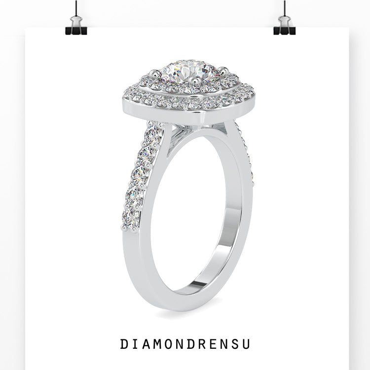 Double halo diamond ring in a cathedral ring setting.