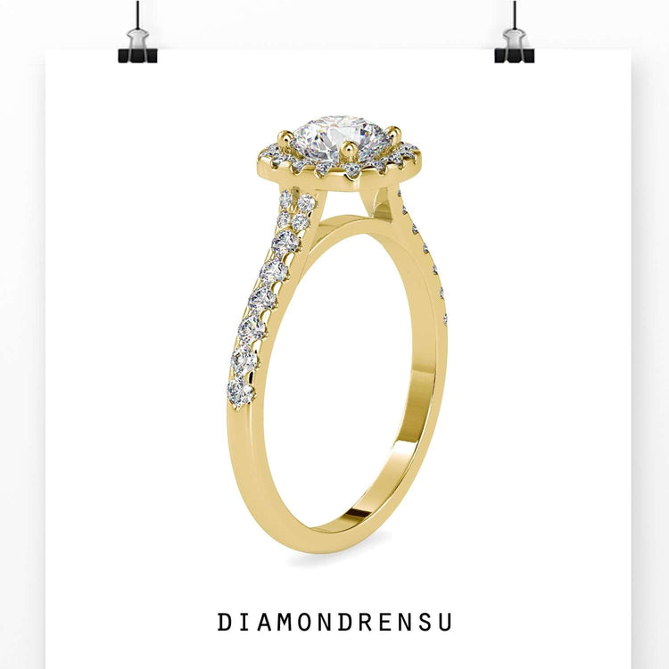 Halo diamond ring round for a classic, radiant engagement style.