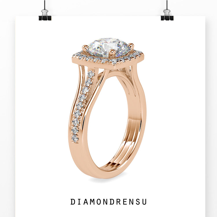 Halo diamond ring with a split shank for a modern look.