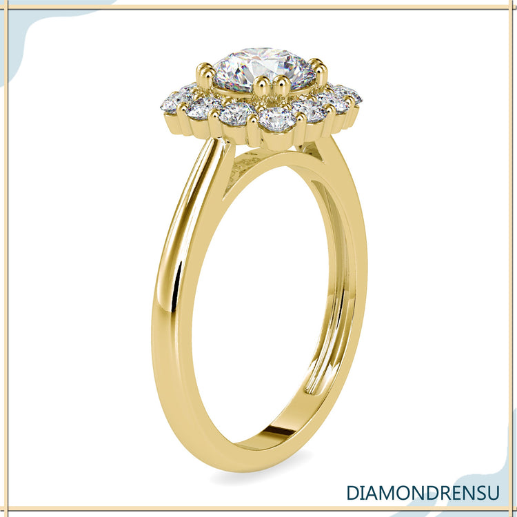 Rose gold, white gold, yellow gold ring with a round halo design.