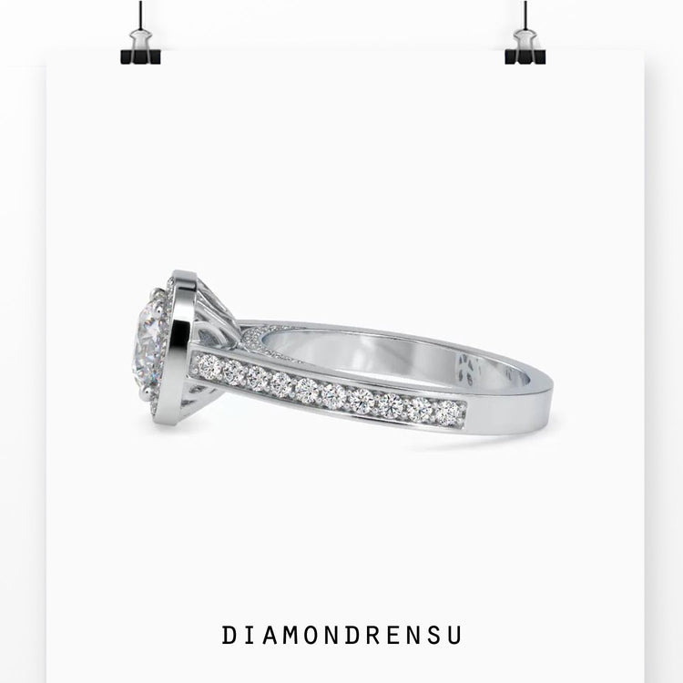 Sparkling pave diamond ring with an eye-catching halo diamond ring design.