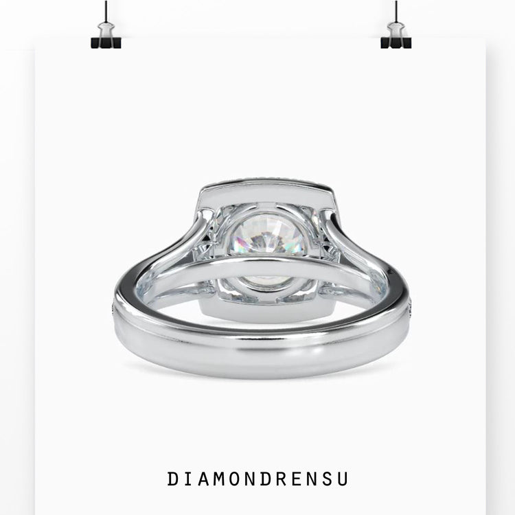 Halo diamond engagement ring with a beautiful split shank design.