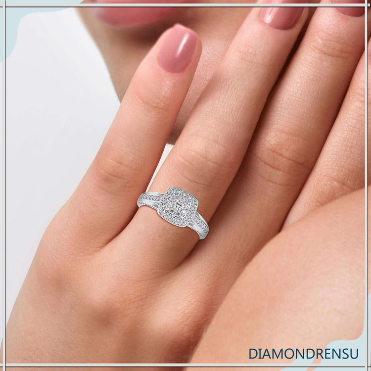 Double halo diamond engagement ring featuring an 8 prong setting for a secure fit.