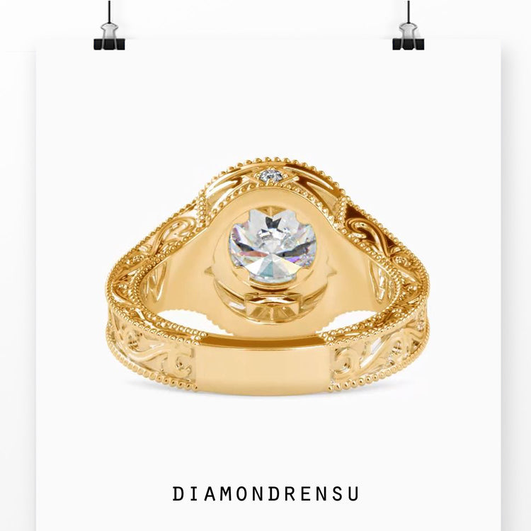 Milgrain engagement ring setting with a round cut diamond and split shank for unique charm.