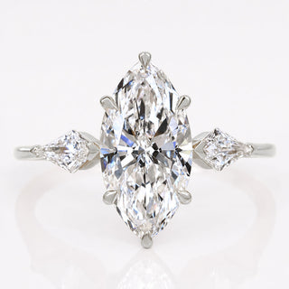 1.50 CT Three Stone Marquise Ring with Side Kite Cut Diamonds - 18k White Gold - Size N