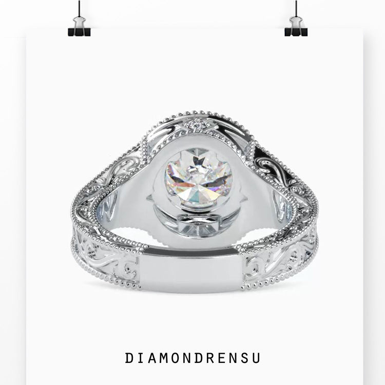 Halo diamond ring with a round cut center stone and elegant split shank.