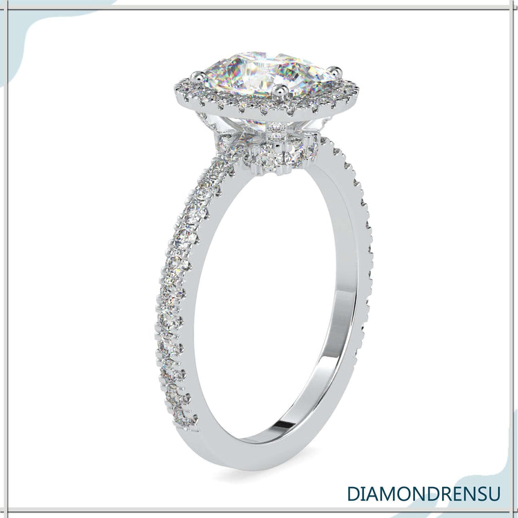 Cushion cut hidden halo engagement ring with unmatched sparkle.