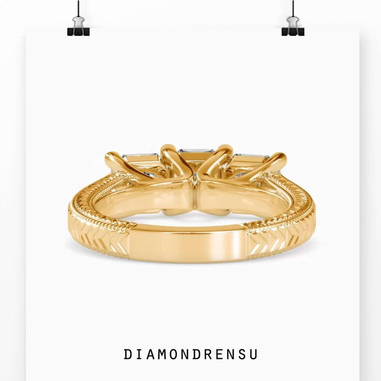 3 carat radiant cut diamond ring with rose gold setting.