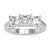 Three stone engagement ring diamond with radiant cut in prong setting.