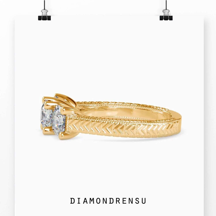 Three stone radiant cut diamond engagement ring in lab grown diamond.