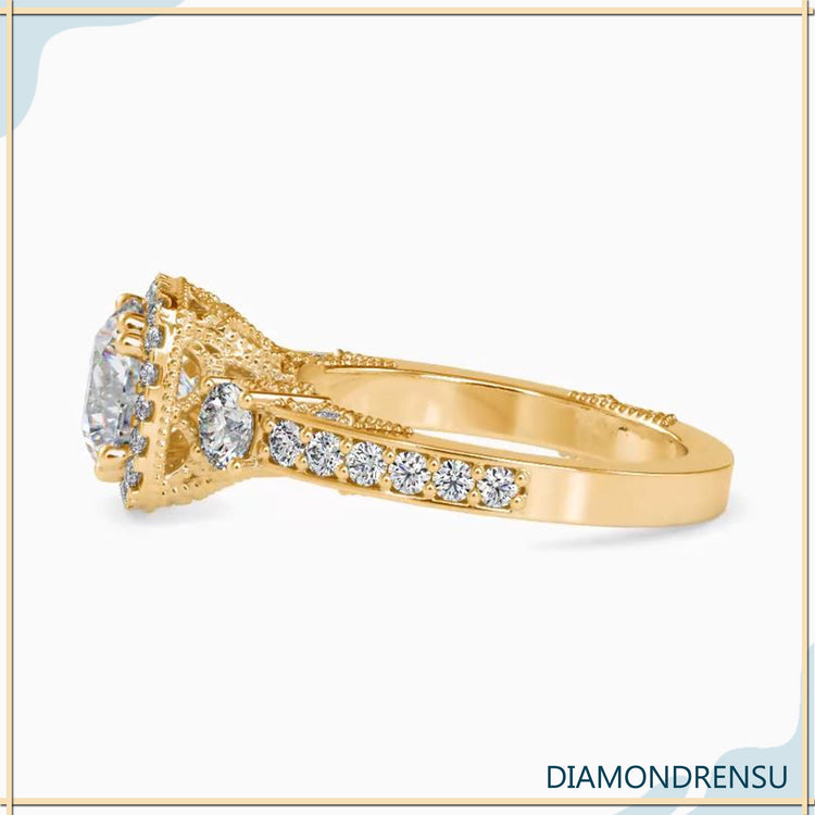 Halo diamond engagement ring with milgrain details for a vintage look.