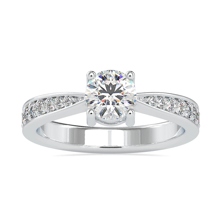 Round cut diamond engagement ring featuring a pave ring setting and a basket ring design.