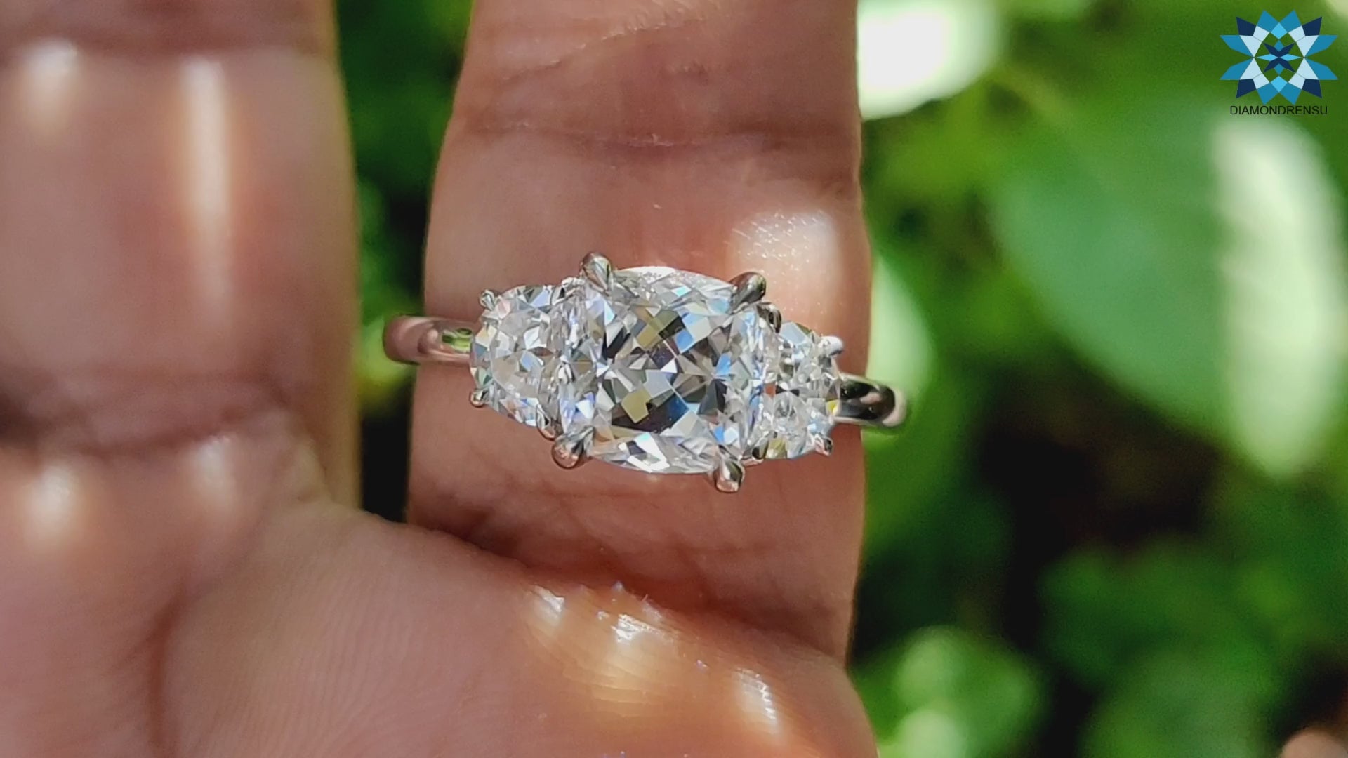 2.41 TW Cushion Divine with Side Halfmoon Three Stone Wedding Ring