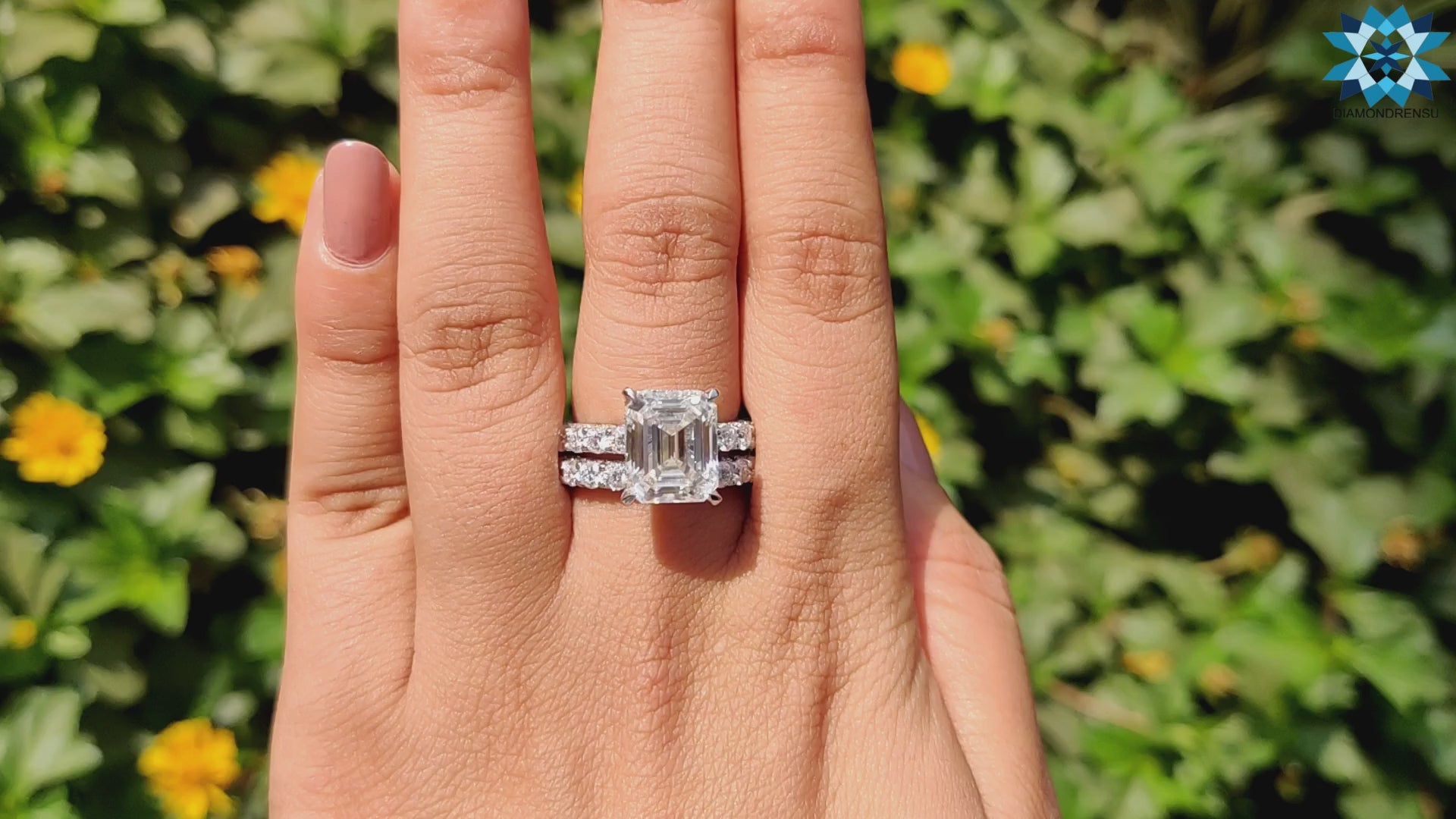8.60 TCW Moissanite Emerald Step Cut U Pave Set Unique Moissanite Engagement Ring
