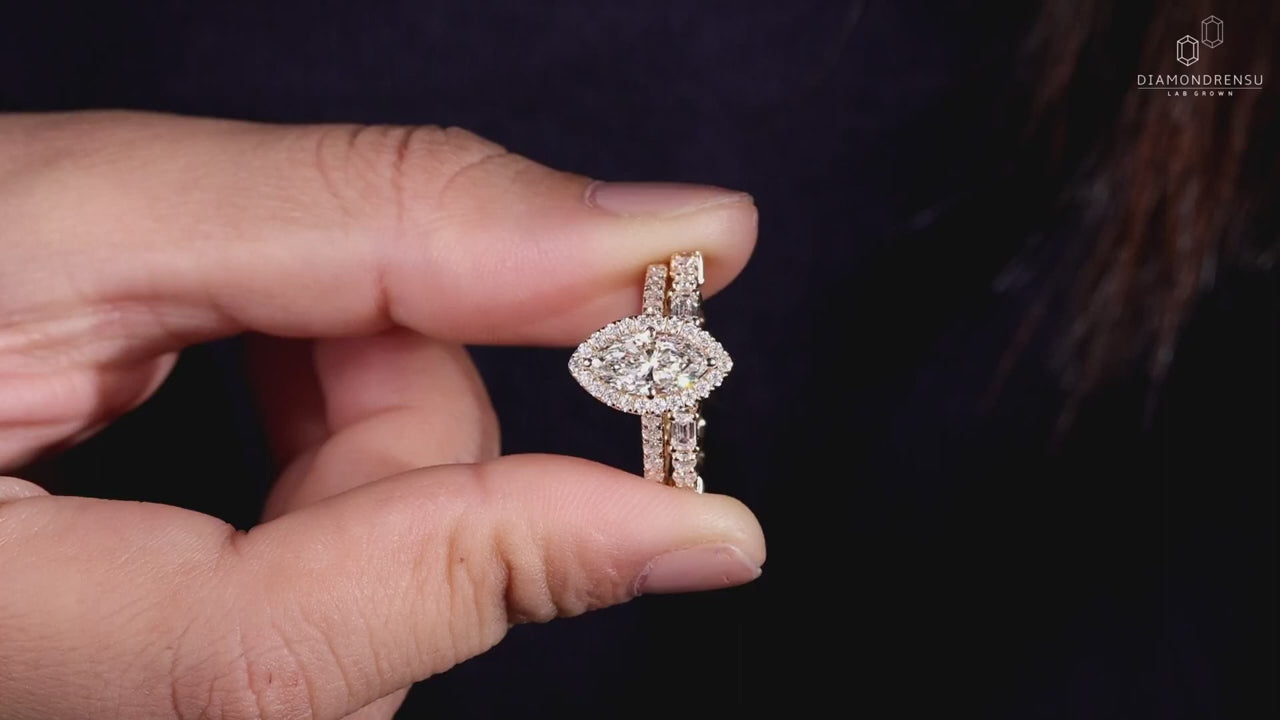 1 ct Marquise Cut Lab Grown Diamond Engagement Ring, Matching Emerald and Round Wedding Band, Bridal Set