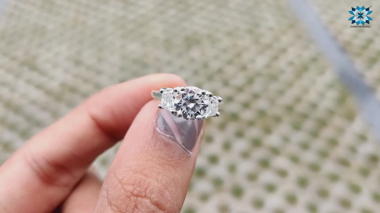 Round Trapezoid Three Stone Trellis Setting Moissanite Engagement Ring