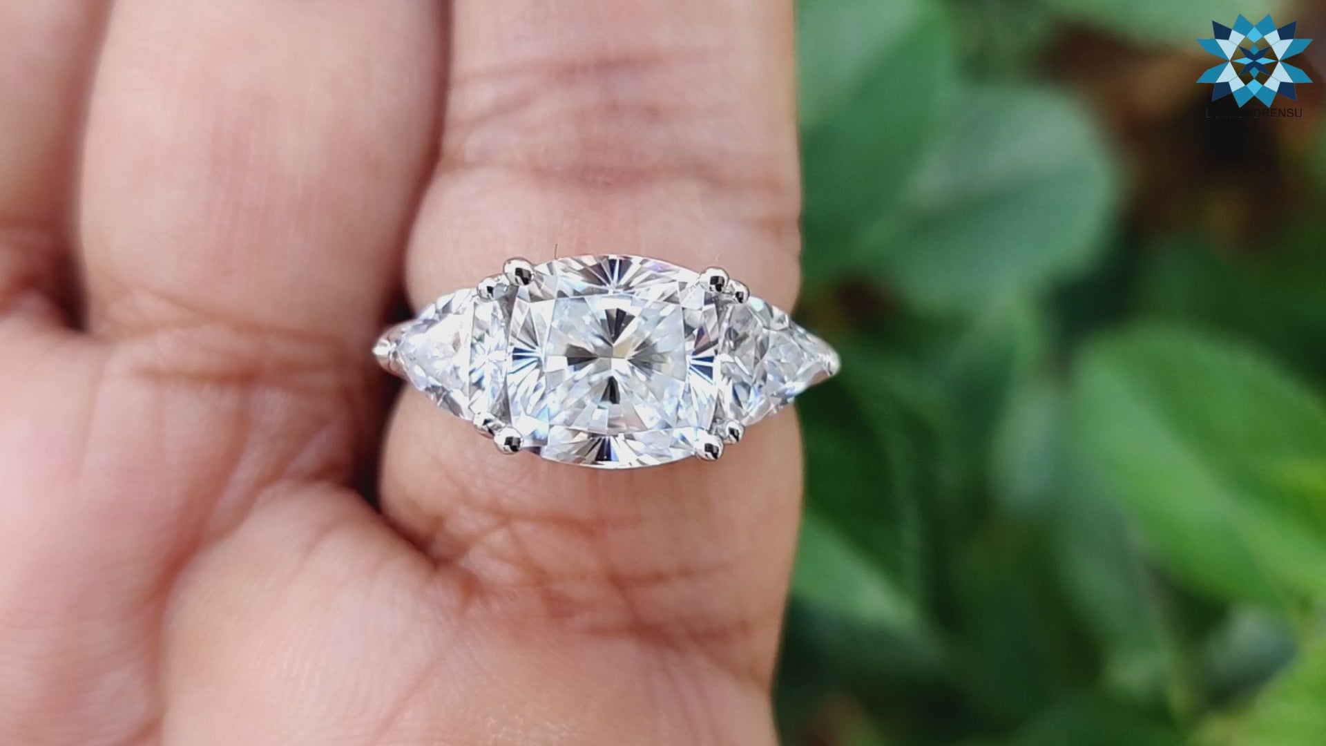 3.83 TCW Cushion Trillion Three Stone Moissanite Engagement Ring