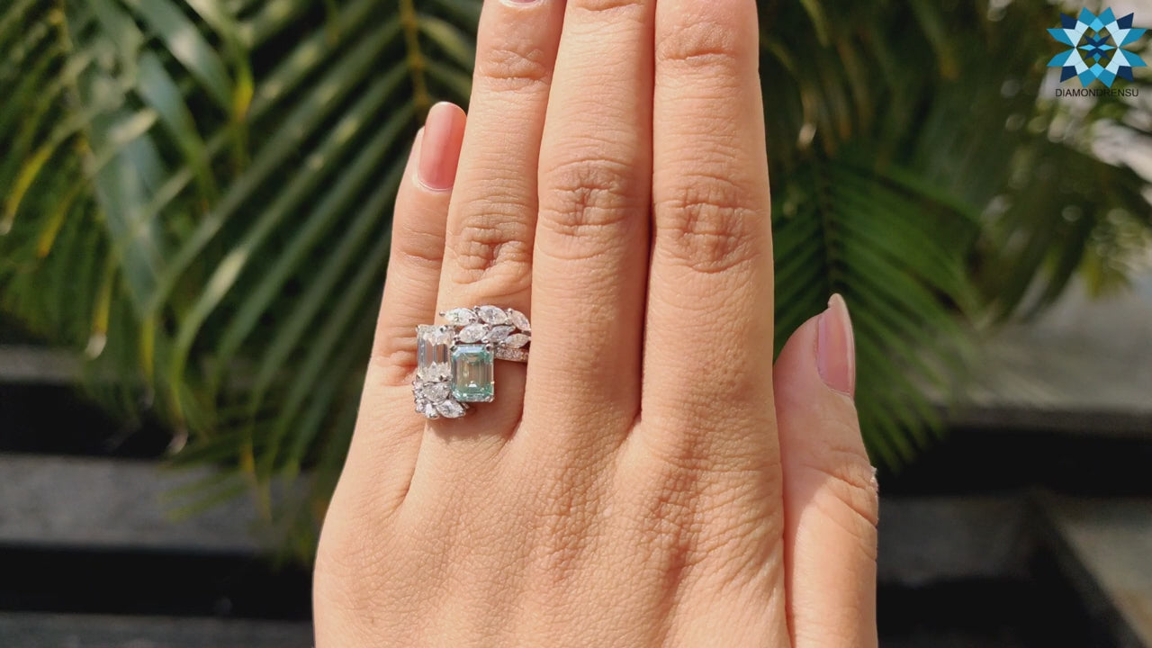 Vintage Style 4.93 TW Emerald Cut Unique Moissanite Engagement Ring, Decorative Bypass Pave Moissanite Ring